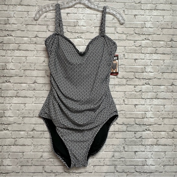 DKNY Women's Swimsuit Size XL One-Piece UPF Protect Black White Geometric NEW - Picture 1 of 15